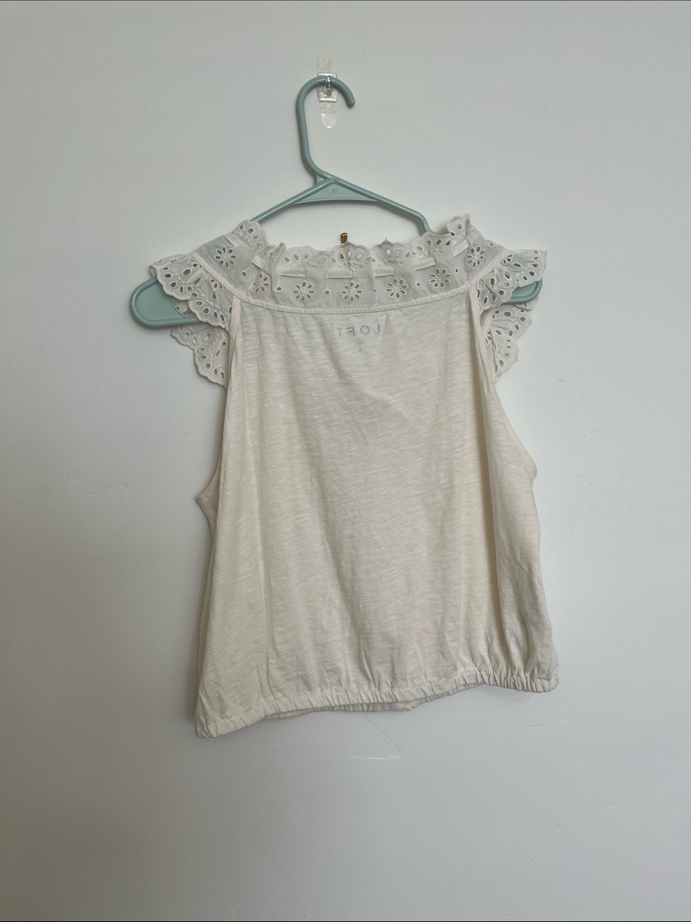 Loft Eyelet Ruffle Tie Neck Button Top - Picture 9 of 11